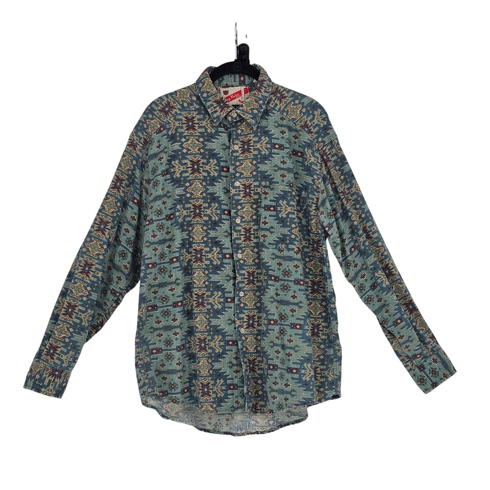 Vintage 70s Woven Cotton Flax Button Up Shirt M Blue Soutwestern Aztec USA